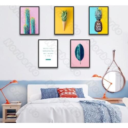 Canvas Painting Poster Bright Color Backgound Various Green Plants Cycad Fruit Pineapple Letters for Home Rooms Decoration