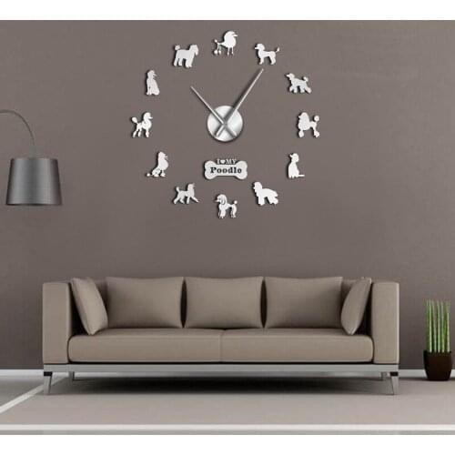 Creative DIY Wall Clock Bedroom Living Room Decoration Mirror Acrylic Clock Sticken on the Wall Poodle Pattern Mute Clock
