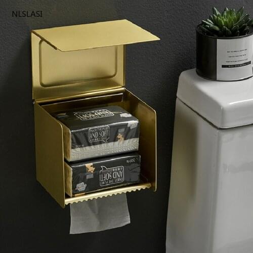 Creative Golden Space Aluminum Wall Mount Toilet Paper Holder Shelf Bathroom Paper Tissue Tray Roll Paper Tube Storage Box