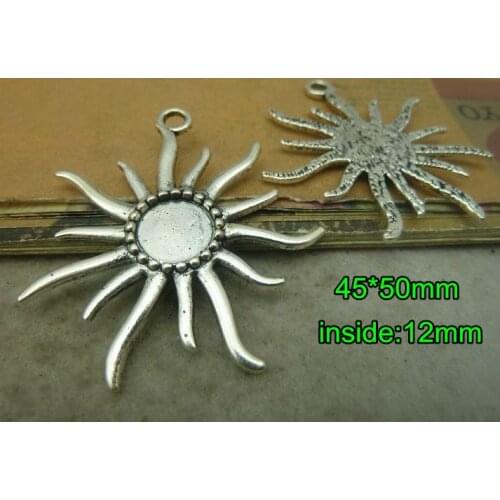 DIY Fashion Necklace Metal Materials 45*50mm Retro Silver Sunflower Base Settings Fit 12mm Round Cabochon,Blank Pendant Tray