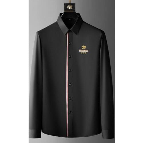 Crown Embroidery Mens Shirt Striped Long Sleeve Slim Casual Shirt Male Business Formal Dress Shirts Social Party Tuxedo Blouse