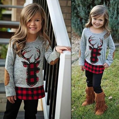 New Cotton Christmas Baby Girls Clothes Red Buffalo Plaid Leggings With Elk Deer Fawn Print Shirt Kids Boys Casual Clothing Set
