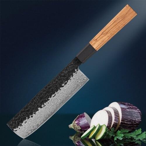 7 inch Nakiri Chef Knife 9Cr18Mov Hand Forged Damascus Steel Kitchen Knives Handmade Cleaver Slicing Solid Olive Wood Handle