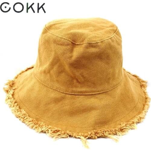 COKK Bucket Hat Women Men Summer Fishing Hats Girls Casual Fishermen Cap Washed Denim Tassel Brim Kpop Hip Hop Bucket Hat Female