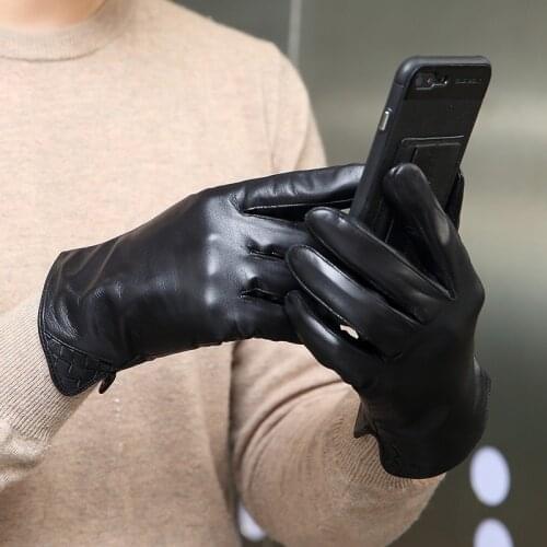 Mens Gloves Geniune Sheepskin Leather Gloves Men Touch Screen Male Windproof Driving Guantes Male Autumn Winter Mittens S2342
