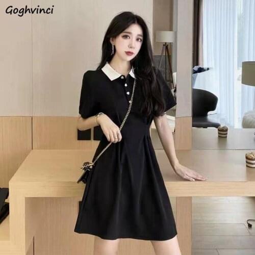 Dress Women Black Mini Abdomen Sundress Turn-down Collar Short Sleeve Empire A-line Lovely Preppy Style Lady Clothing All-match