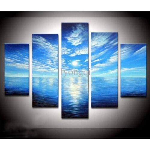 Hand-painted Hi-Q abstract landscape oil-painting on canvas--blue ocean white cloud 5pcs/set no framed