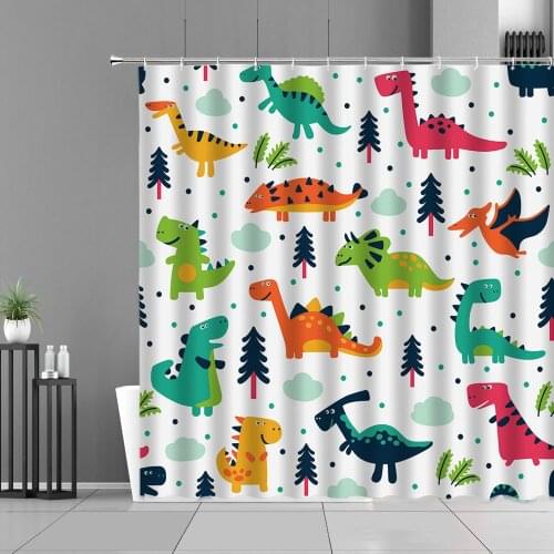 Cartoon Animal Dinosaur Print Shower Curtain Childrens Bedroom Bathroom Curtains Waterproof With Hooks Bath Screen Polyester