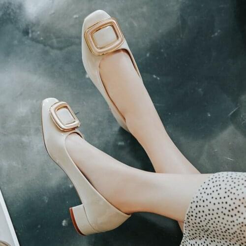 Japanned leather square toe ladies single shoes metal decoration shallow slip on chunky moccasins OL solid brief loafers 42 size