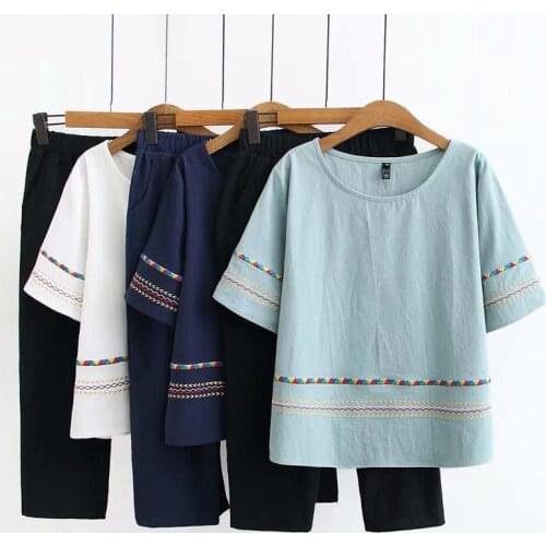 Plus Size XL-4XL White Blue Womens Short Sleeve T-shirt + Cropped Pants Casual Summer Set Vintage Embroidery Set