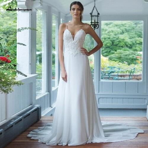 Lashmigown Puffy Chiffon Dress Women Elegant Beach Wedding Summer 2021 Sexy Bridal Boho Wedding Gowns Spaghetti Straps Plus Size