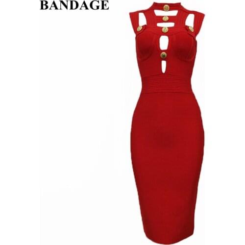 BANDAGE Sexy Hollow Out Black Red Summer Bandage Dress Celebrity Party Designer Dress Button Detail Bodycon Vestidos New Style