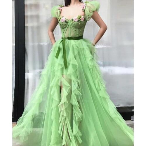 Green Long Tulle Flowers Crystals Prom Dresses Sweetheart High Split Formal Evening Dress Robe De Soiree