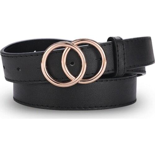 100x2.7cm Women Black Leather Belt Double Circle Waist Inlaid Rhinestones Belts for Women Jeans Decoration