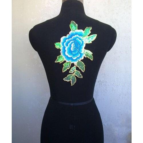 16*26cm blue shinning sequined peony flower & leaf embroidery & paillette patch applique for performance, clothes decoration DIY