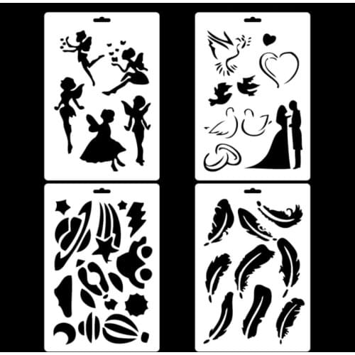 4pc Angel Girl Feather Painting Template Printing Mold Hollow Bullet Journal Accessories DIY Scrapbook Stencils Decor Reusable