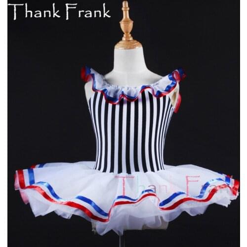 New Ruffles Ballet Dress Girls Vertical Stripes Slim Ballerina Dance Costumes Children Women Flutter Sleeve Navy Tutu Dresses