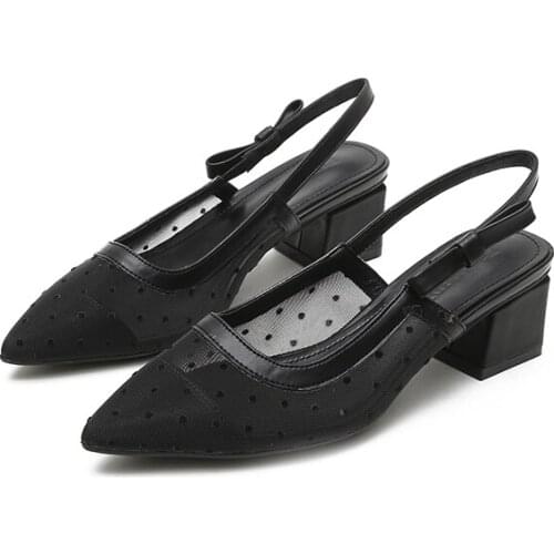 Buckle Strap Low Sandals Woman Shallow Mouth Leather Shoes Lady Suit Female Beige Breathable Clear Heels Large Size All-Match