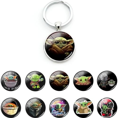 Disney Keychain Star Wars Yoda Picture Pendant Glass Cabochon Creative Design Keychain Unisex Personalized Jewelry