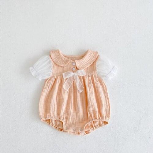 2021 new boys girls bow rompers cotton linen shorts sleeve summer babys jumpsuit