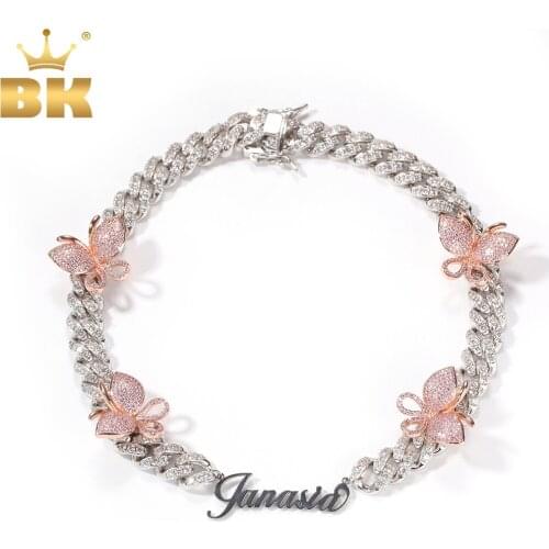 The Bling King 12mm Cuban Chain DIY Art Font Your Own Style Stainless Steel Nameplate Butterfly Necklace Luxury Copper Jewelry