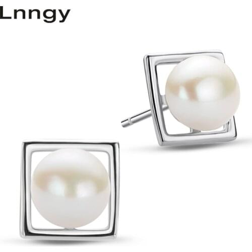 Lnngy 925 Sterling Silver Stud Earrings 6-7mm Natural Freshwater Pearl Earrings Square Stud Earring for Lady Party Jewelry Gift