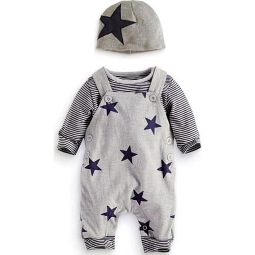 Cute 3PCS Set Newborn Baby Boy Clothes Infant Baby Striped Tops T-shirt+Pants Leggings Outfits Set Star Suspenders