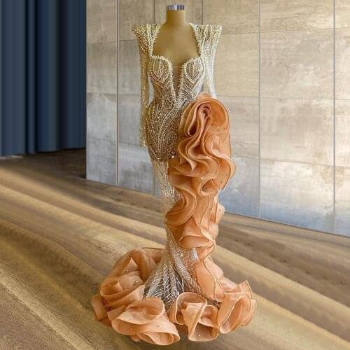 Runaway Fashion Glitter Sparkly Middle East sukienki na wesele Saudi Arabia Ruffled Organza abendkleider 2021 Queen Shoulder