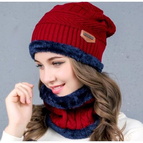 Autumn winter lady warm hat scarf suit thickened with velvet warm hat woman Knitted wool double hat neck two piece suit for Men