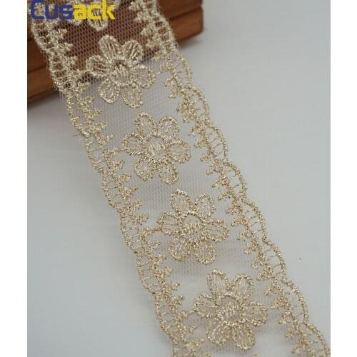 Cusack 2 yards 4 cm Gold Line Embroidered Flower Lace Ribbon Trims for Costumes Home Textiles Trimmings Dress Applique