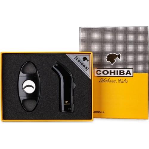 Cohiba Cigar lighter two-piece set portable sharpness stainless steel cigar scissors windproof inflatable lighter gift TZ-1002