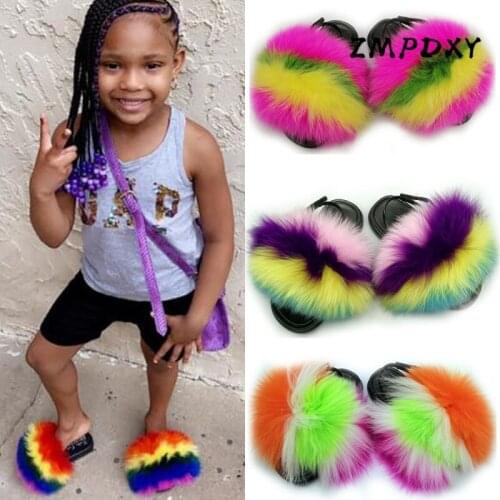 Childrens Fluffy Raccoon Fur Slides Indoor Heel Strap Flat Plush Home Shoes Kids Real Fox Fur Slippers Girls Furry Sandals EU24
