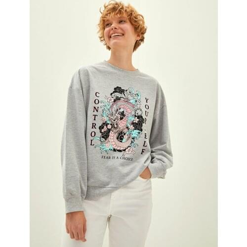 LCW CASUAL Bicycle Collar Printed Long Sleeve Women 'S Sweatshirt Trend, cotton, polyester, style