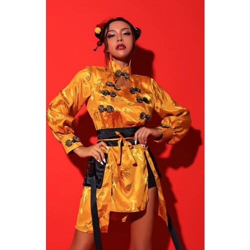Yellow Gogo Dancer Costume Women Festival Clothing Stage Costume Chinese Style Jazz Dancer Outfit Sexy Pole Dancing Wear DL8357