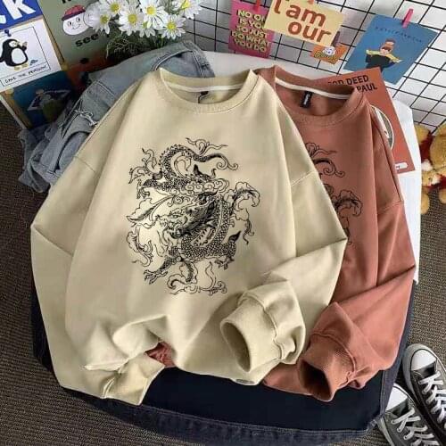 Harajuku Y2K Top Harajuku Retro Korean Dragon Gothic Mythical Printed Clothes Large Size LooseRound neck sweater