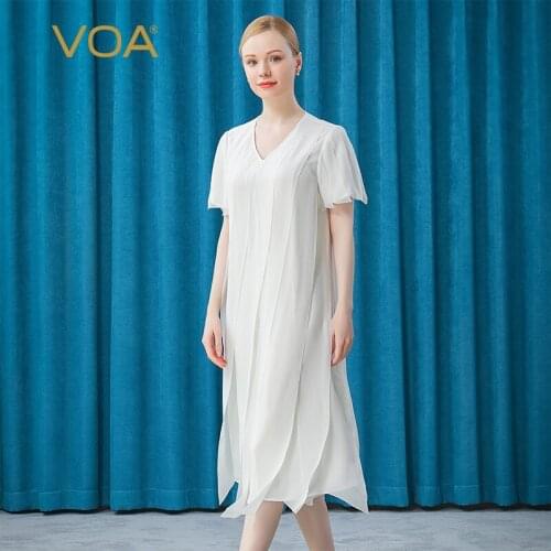 VOA 100% Silk Casual White Summer Women Maxi Dress AE696 V-neck Petal Sleeve Beach Vestidos Fashion Loose A-line Dress 2021