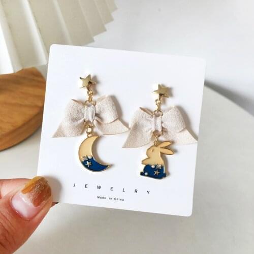 Japanese Sweet Cute Bunny Rabbit Bow Clip on Earrings Asymmetrical Blue Star Moon Clip Earrings No Piercing Hole for Women Girls
