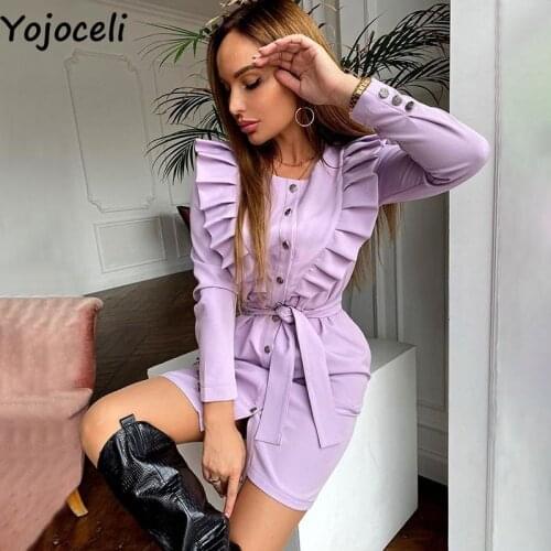 Yojoceli Elegant big ruffle sashes women autumn dress Party casual button winter dress vestidos Chic high quality female dress