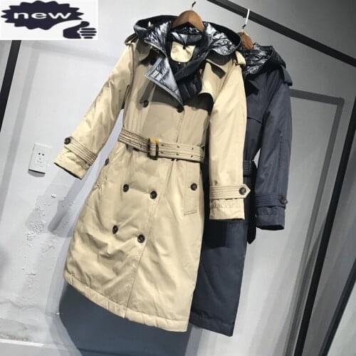 British Style Classic Double Breasted Windbreakers Winter Hooded Thick Coat Women Warm Slim Fit White Duck Down Long Jacket