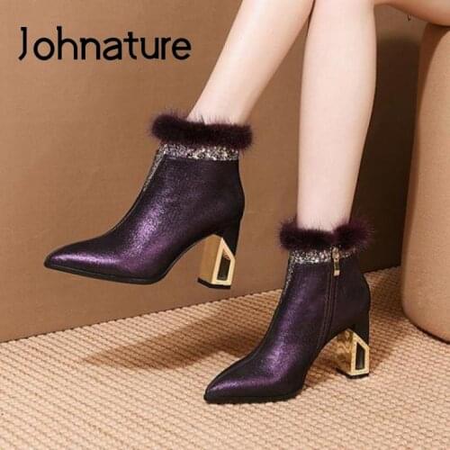 Johnature Genuine Leather Women Shoes High Heel Boots Zip Pointed Toe 2021 New Winter Warm Bling Handmade Ankle Platform Boots