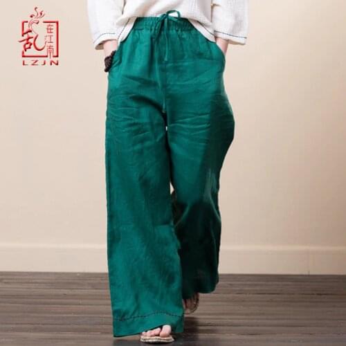 LZJN Women Culottes Wide Leg Pant Summer Spring Long Trousers Elastic Waist Pocket Solid 100% Linen Pants Loose Bottom Plus Size