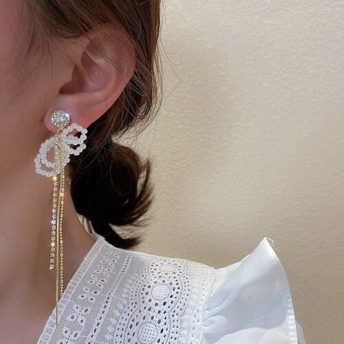 2021 New Trendy Simple Geometric Rhinestone Pearl Bowknot Long Tassel Dangle Earrings for Women Korean Style Temperament Jewelry