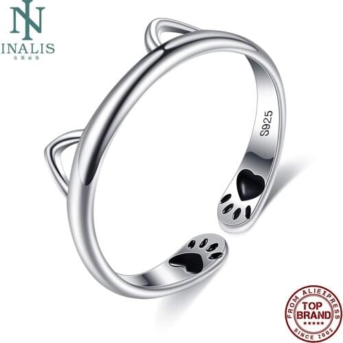 INALIS Adjustable Women Rings S925 Sterling Silver Open Ring Cute Kitten Ear Birthday Jewelry Epoxy Footprints Shape Design
