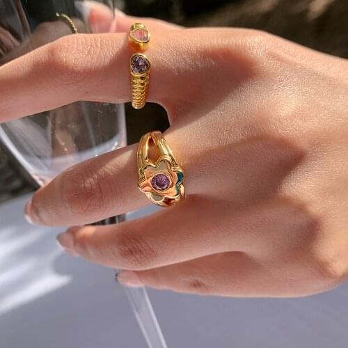 Brass With 18 K Gold Zircon Flower Ring Women Jewlery Designer T Show Club Cocktail Party Rare Japan Korean