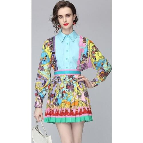 Runway Womens Elegant 2 Two Pieces Sets New Floral Print Long Sleeve Shirt Tops And High Waist Fashion Short Pleated Skirts Set