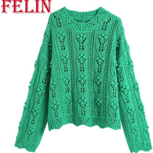 Za 2021 Chic Green Stylish Oversized Women Sweaters Hollow Out Ball Appliques Long Sleeve Fashion Autumn Pullovers Elegant Tops