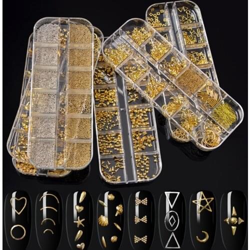 1Case Gold Silver Hollow 3D Nail Art Decorations Mix Metal Frame Nail Rivets Shiny Charm Strass Manicure Accessories Studs
