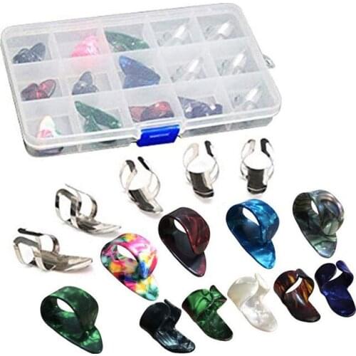 15pcs Stainless Steel Finger Thumb Guitar Picks With Pick Case Storage Box for Beginner/Professional Random Color Accessories