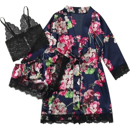 2021 Summer Satin Silk Pajamas Robe Lace Lingerie Women Underwear Sleepwear Pants With Belt Sexy Plus Size Silk Pajamas