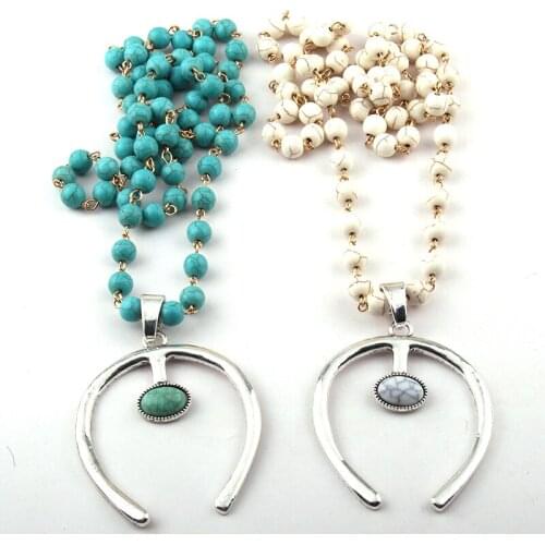 Free Shipping Bohemian Jewelry Blue/White Stone knotted U Charm Pendant Necklace For Women Ethnic Necklace